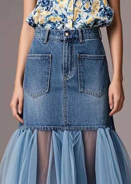 Blue Tulle Patchwork Denim Wraped Skirt Spring