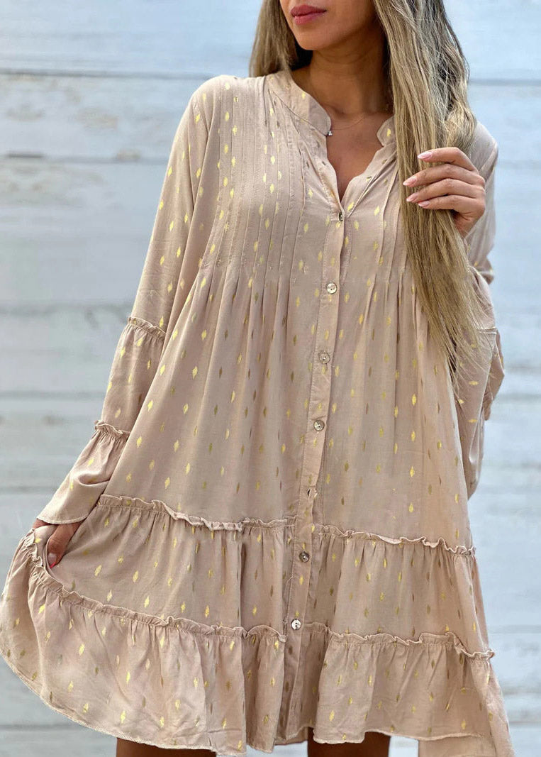 Loose White Ruffled Print Button Mid Dress Fall