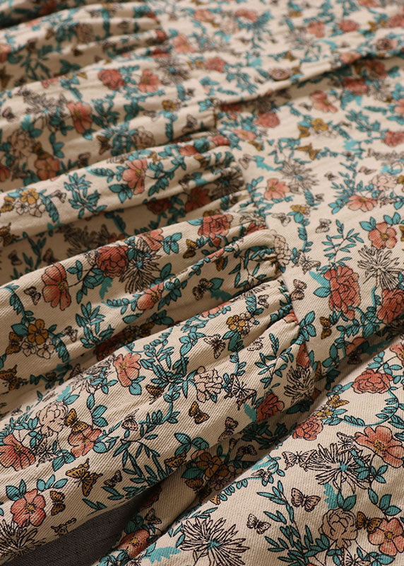 Beige Ruffled Print Cotton Dress Long Sleeve