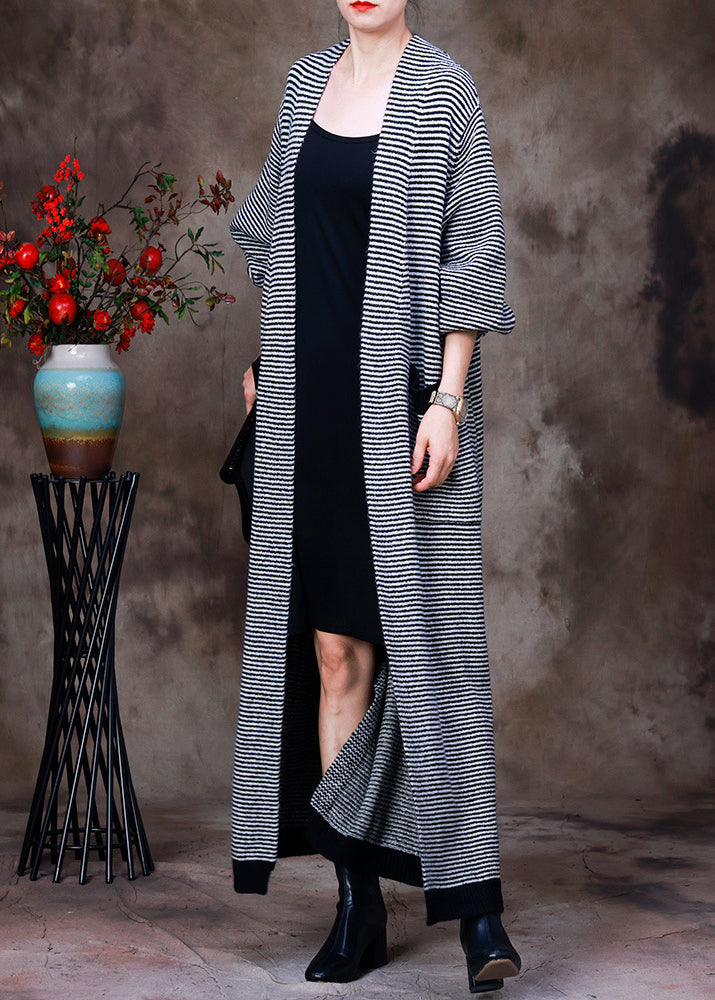White V Neck Pockets Striped Knit Trench Coats Long Sleeve