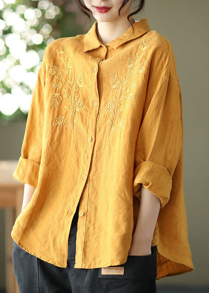 Simple Yellow Button Peter Pan Collar Embroideried Linen Blouse Top Long Sleeve