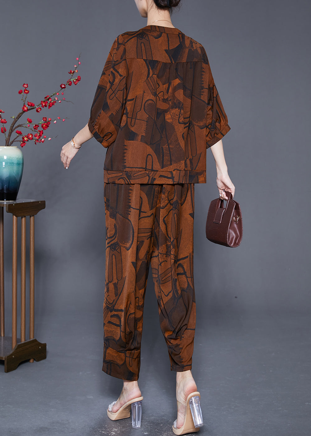 Boutique Coffee Print Pockets Silk Sets 2 Pieces Summer