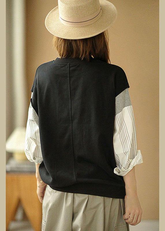 Modern Black O-neck Print Patchwork Fall Loose Sweatshirts Top