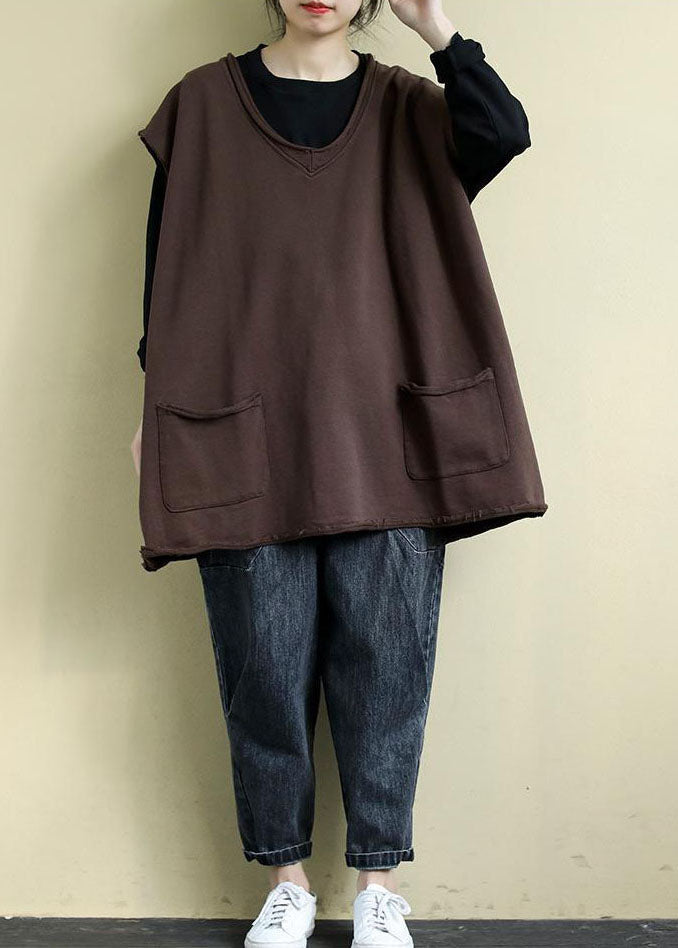 Modern Chocolate V Neck Oversized Color Cotton Vests Fall