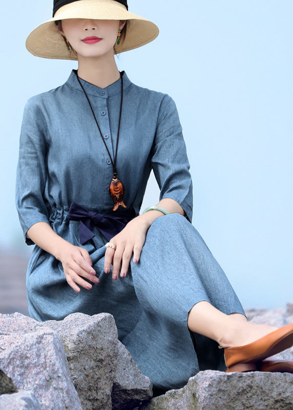 Blue Stand Collar Tie Waist Button Holiday Dresses Half Sleeve