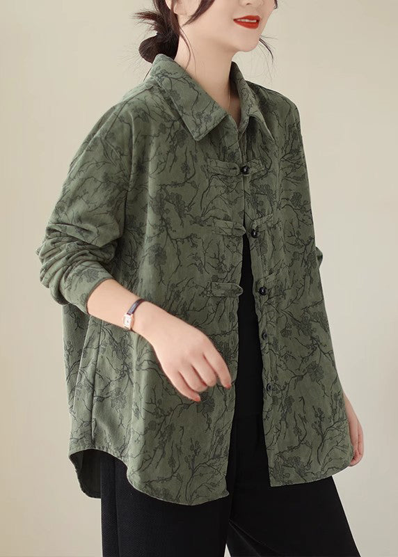 Green Peter Pan Collar Chinese Button Cotton Shirt Tops Fall