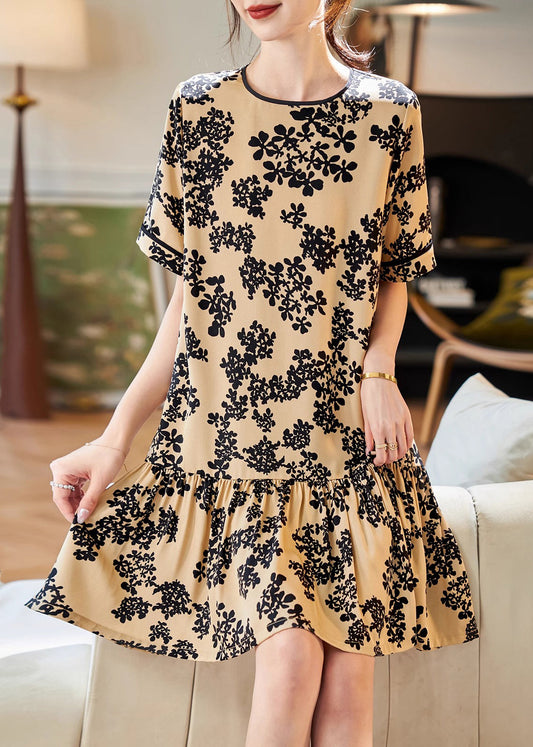 Apricot O-neck Print Patchwork Chiffon Mid Dress Summer