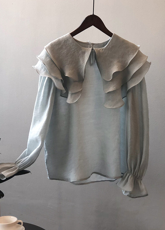 New Light Blue Ruffled Puff Sleeve Patchwork Shirt Top