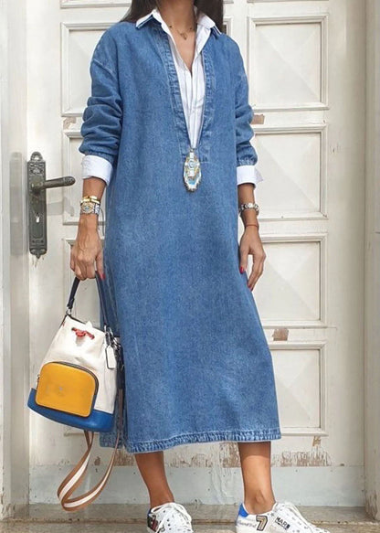 Blue Peter Pan Collar False Two Pieces Patchwork Denim Dresses Long Sleeve Fall