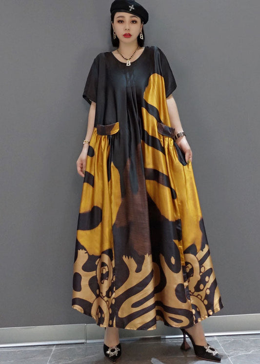 Loose Yellow O-neck Print Satin Maxi Dress Summer