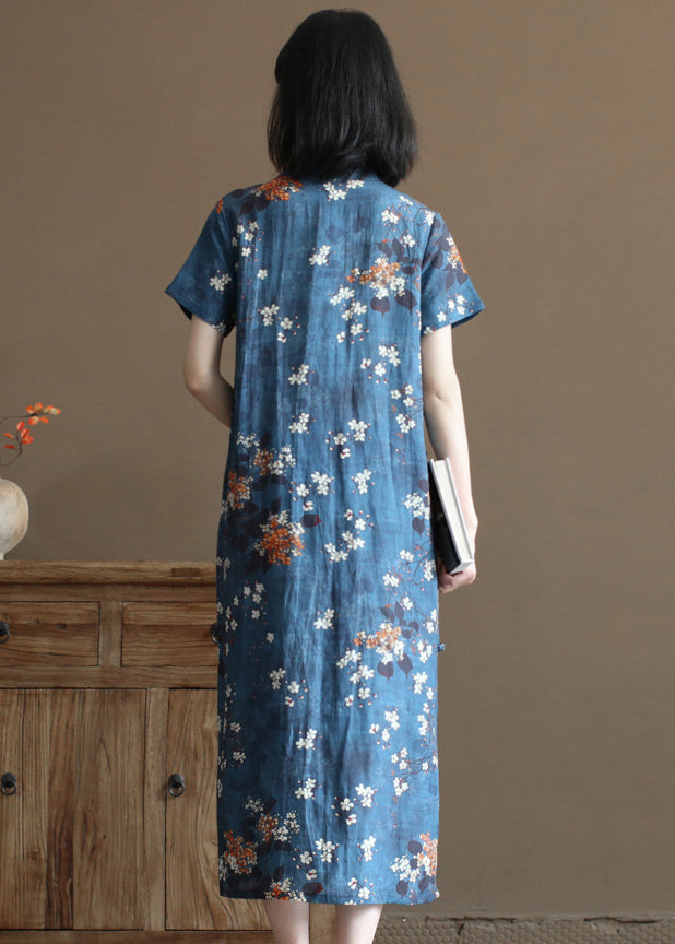 Navy Stand Collar Print Oriental Button Linen Chinese Style Dress Short Sleeve