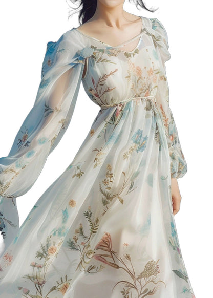 Light Blue V Neck Print Chiffon Long Dress Long Sleeve