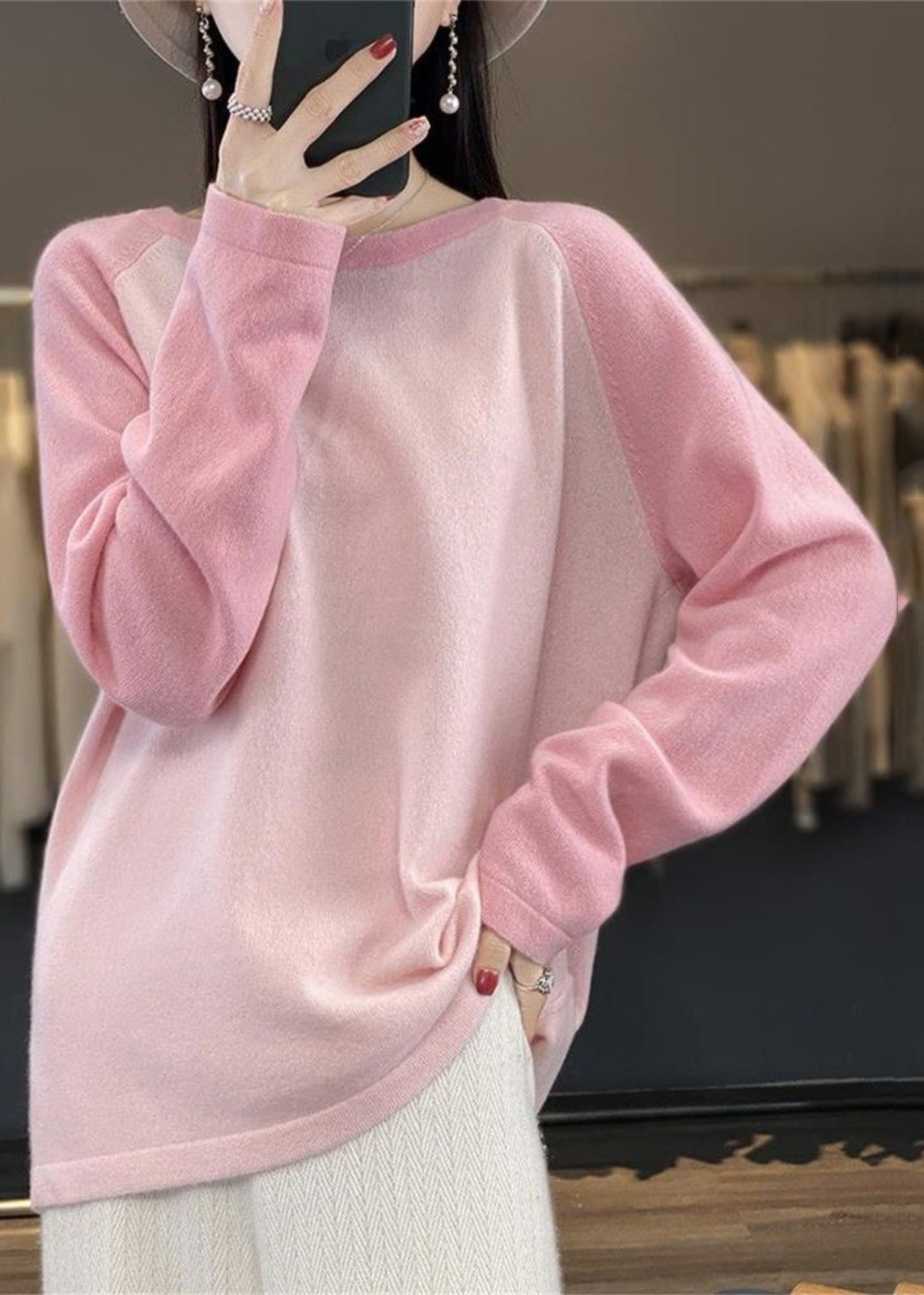 Pink O-neck Patchwork Wool Knit Sweaters Top Fall