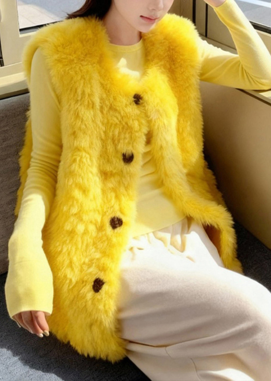 Yellow Oversized Fuzzy Fur Fluffy Vests Winter