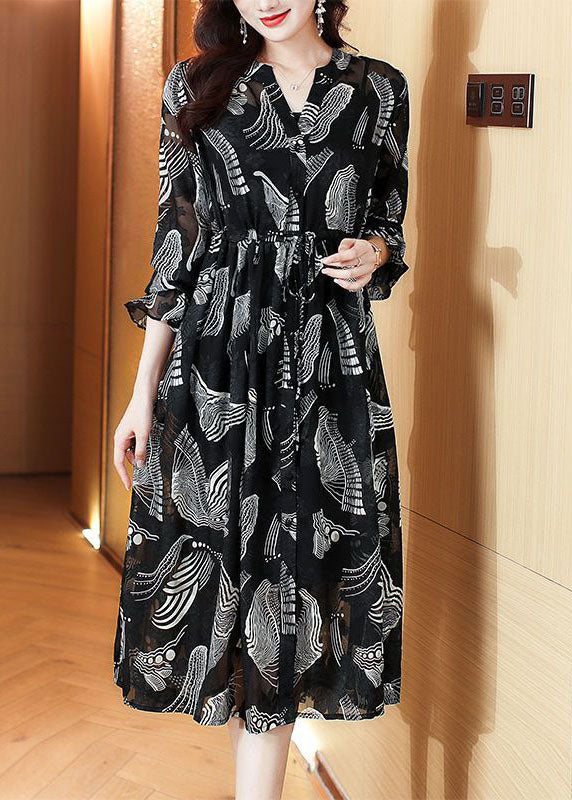 Black V Neck Tie Waist Print Chiffon Holiday Dress Spring