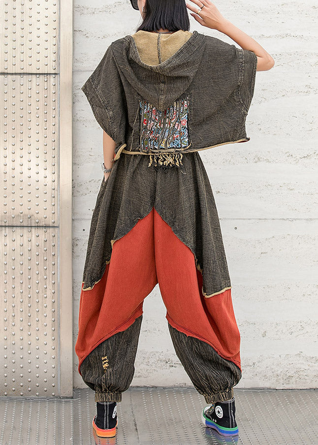 Colorblock Red Hooded Drawstring Patchwork Hole Tops and Harm Pants Two Pieces Set Short Sleeve