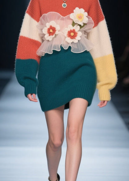 Art Colorblock O Neck Tulle Knit Dress Winter