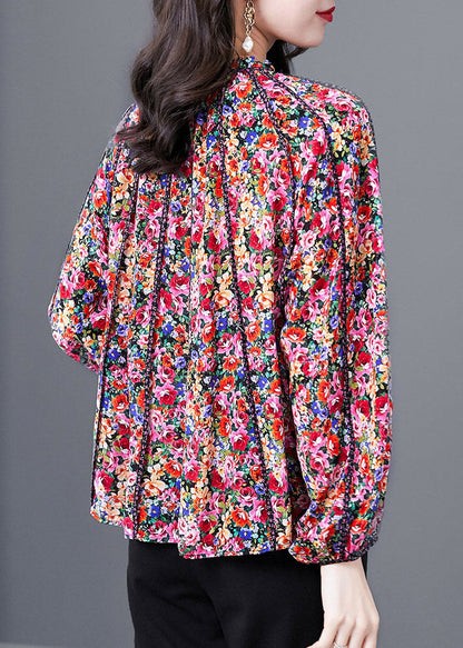 Red Print Stand Collar Ruffled Silk Top Long Sleeve
