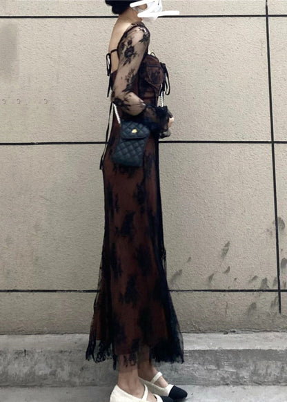 French Black Square Collar Patchwork Lace Long Dress Flare Sleeve