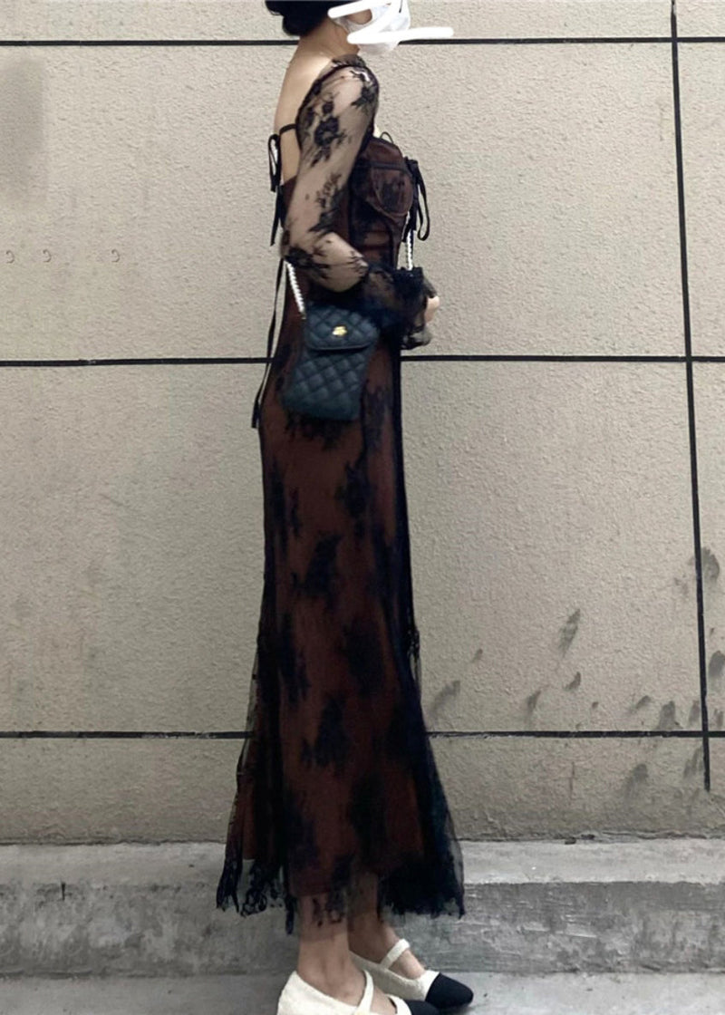 French Black Square Collar Patchwork Lace Long Dress Flare Sleeve