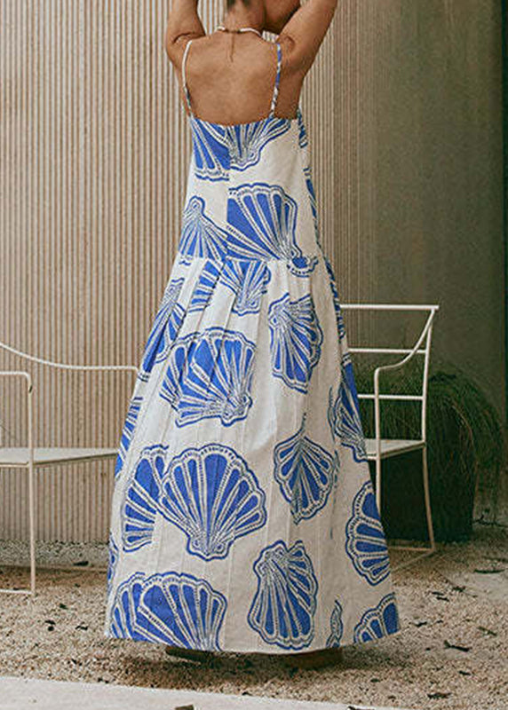 Blue Print Long Spaghetti Strap Dress Summer