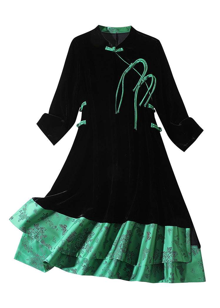 Black Stand Collar Print Low High Design Silk Velour Maxi Dresses Long Sleeve
