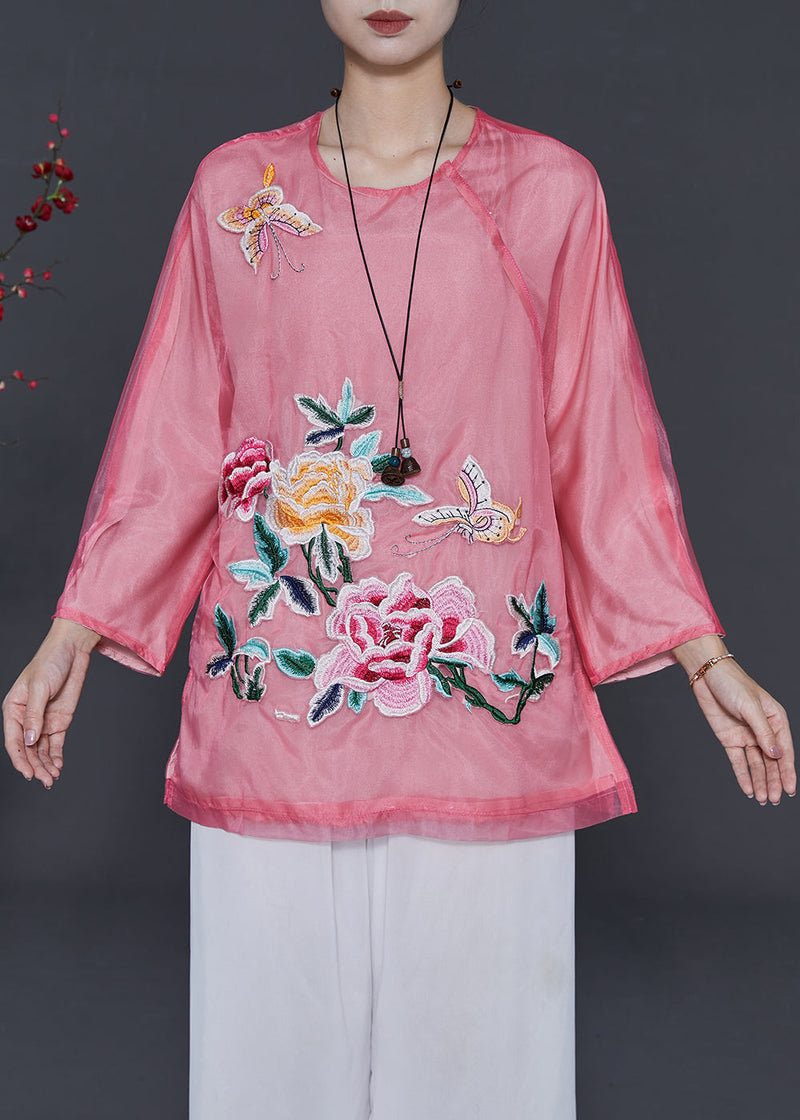 Pink Embroidered Organza Blouses Summer