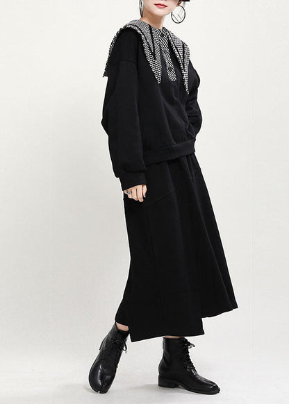 Black Peterpan Collar Button Print Fall Loose Sweatshirts Top