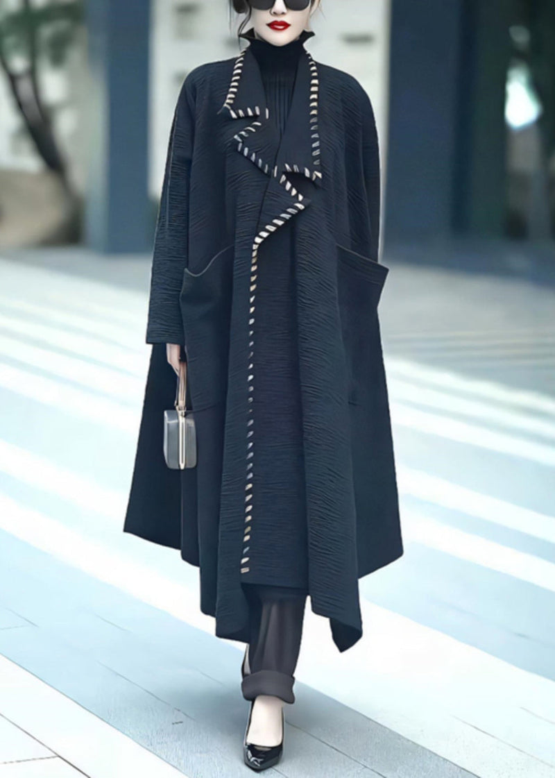 Loose Black Notched Pockets Cotton Coats Winter