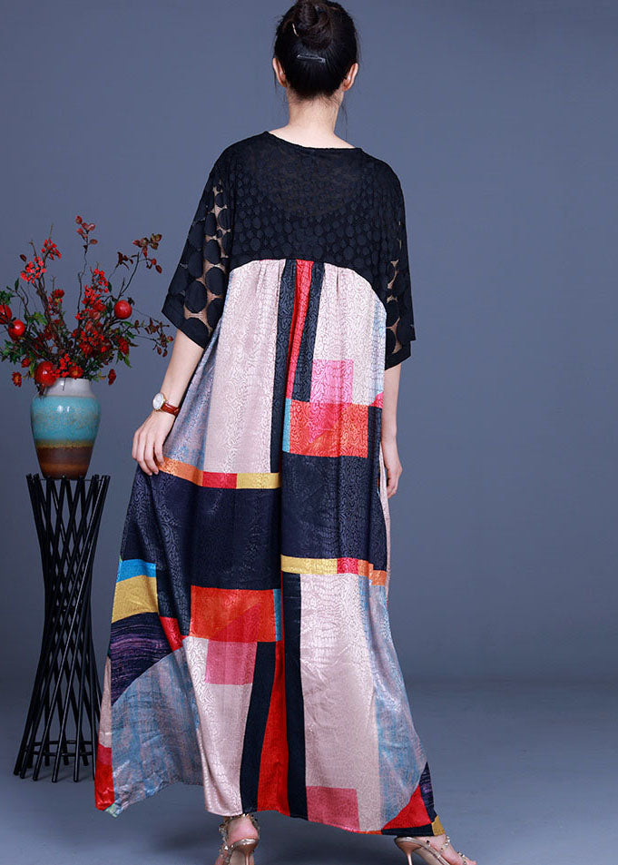 Black V Neck Patchwork Long Dress Half Sleeve