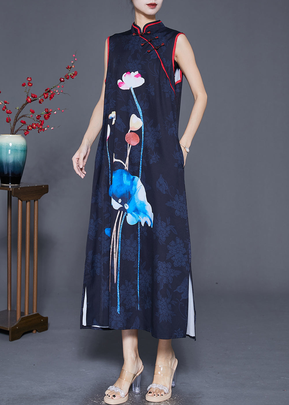 Black Print Chinese Button Silk Long Dress Sleeveless