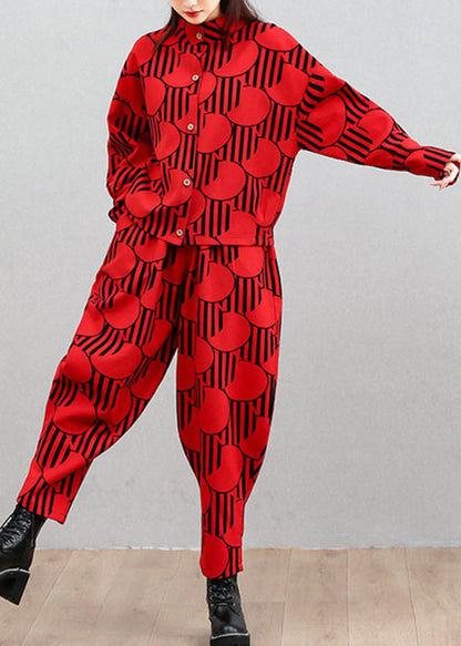 French Red Stand Collar Shirts and Beam Pants Two Pieces Set Long Sleeve Spring