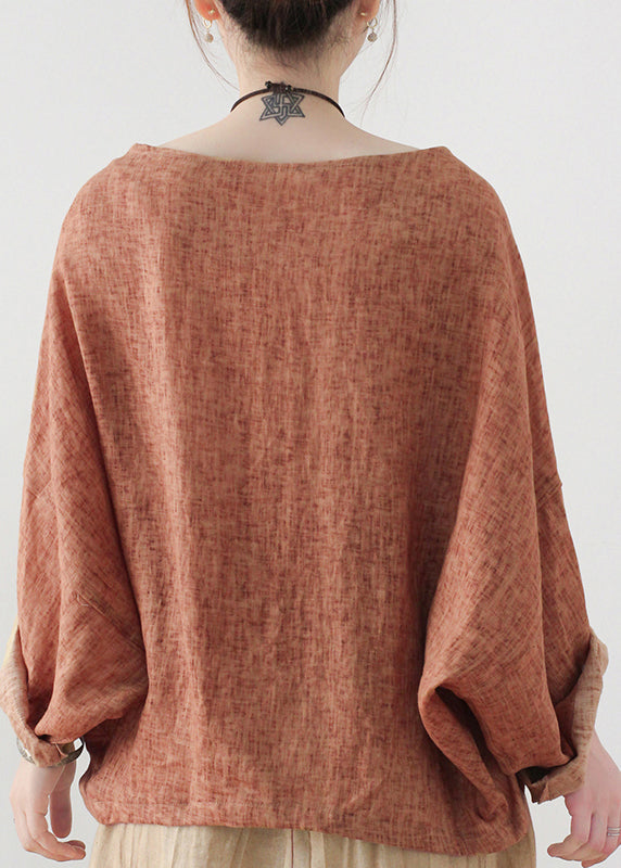 Orange Pockets Linen Pullover Sweatshirt Batwing Sleeve