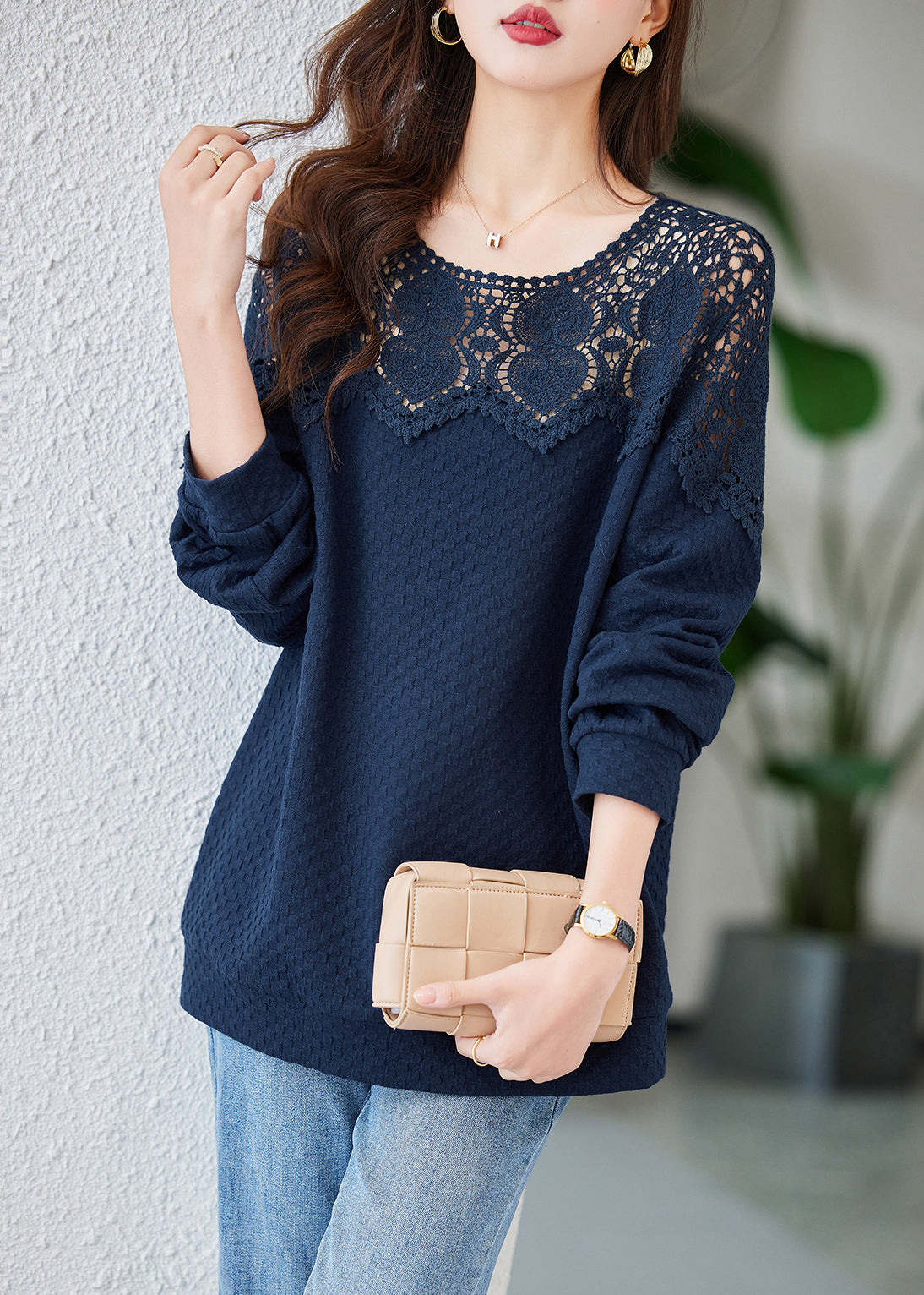Navy Embroideried Hollow Out Cotton Tops Spring