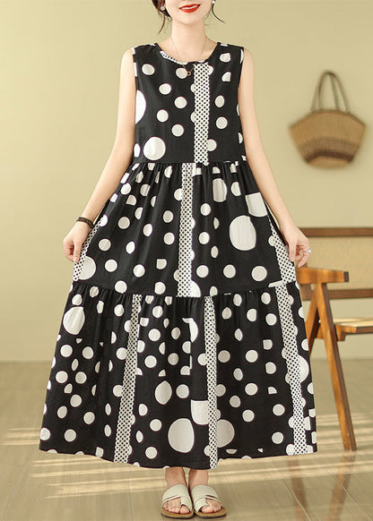 Black Print Exra Large Hem Cotton Long Dress Sleeveless