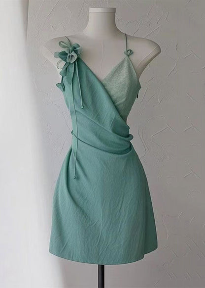 New Green V Neck High Waist Cotton Spaghetti Strap Dress Sleeveless Summer