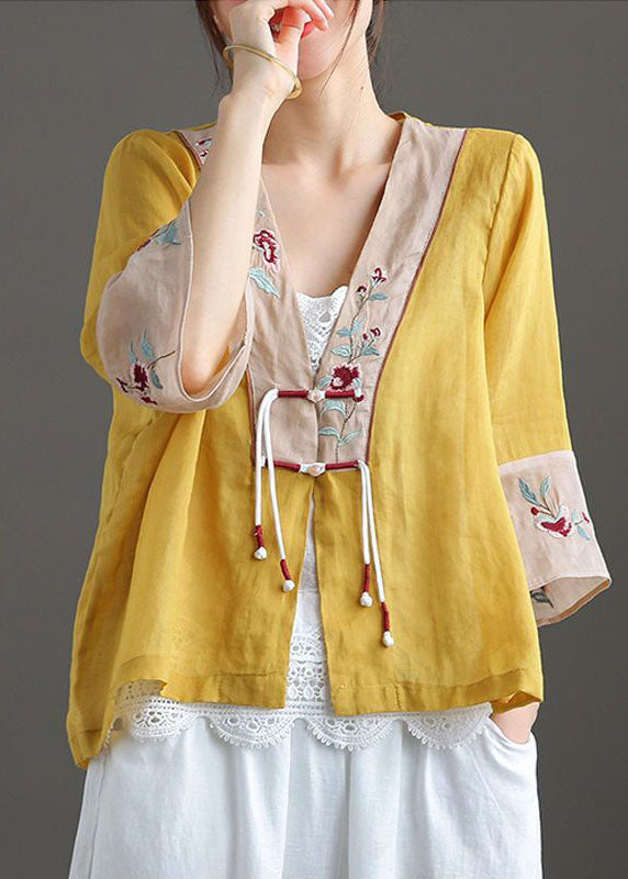Yellow V Neck Embroideried Cotton Linen Blouse Tops Bracelet Sleeve