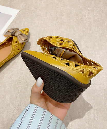 Yellow Pointed Toe Hollow Out Bow Flat Feet Shoes