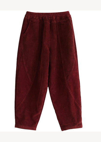 Red Pockets Elastic Waist Corduroy Warm Fleece Pants Winter