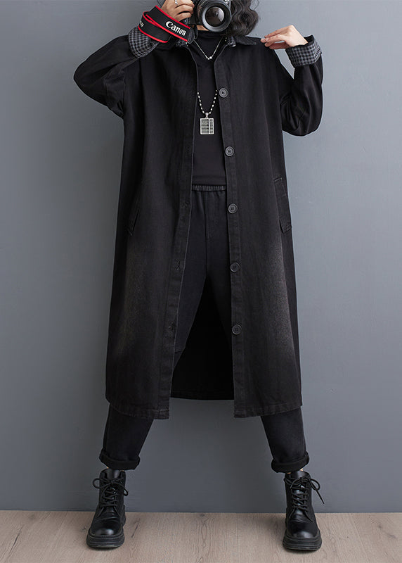 Black Pockets Patchwork Denim Trench Coats Fall