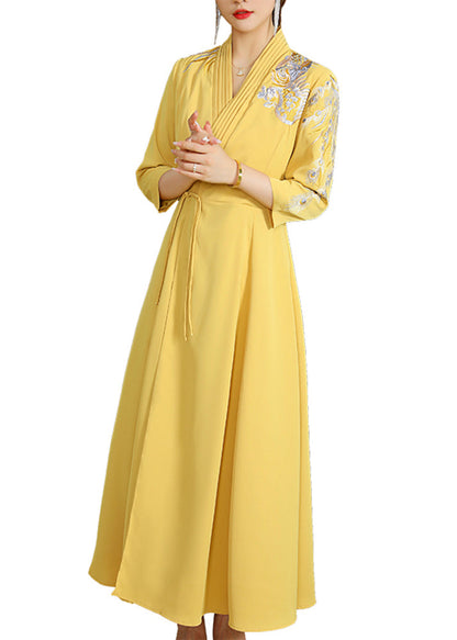 Yellow V Neck Embroideried Drawstring Satin Long Dresses Fall