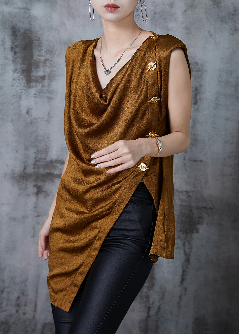 Brown Asymmetrical Patchwork Silk Beach Vest Summer