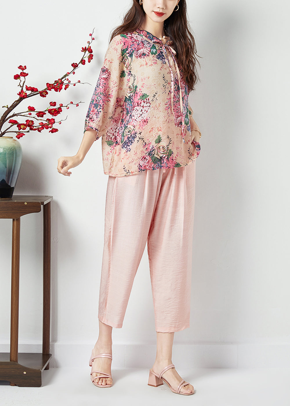 Pink Print Ruffled Lace Up Cotton Two Piece Suit Set Bracelet Sleeve