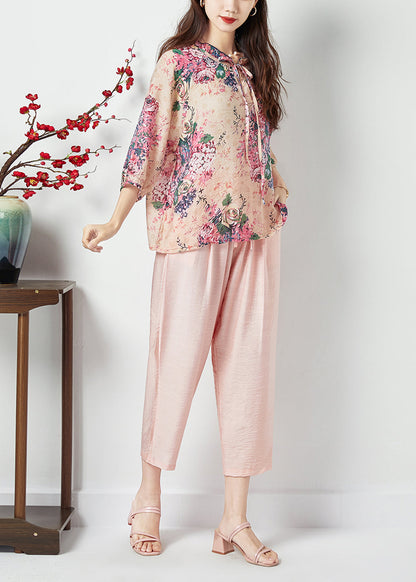 Pink Print Ruffled Lace Up Cotton Two Piece Suit Set Bracelet Sleeve