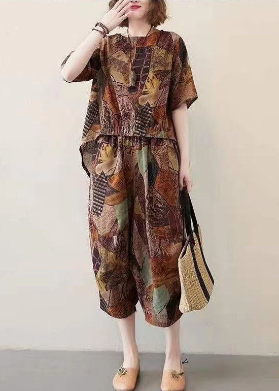 Chocolate O-neck Asymmetrical Design Print Cotton Two Pieces Set Summer