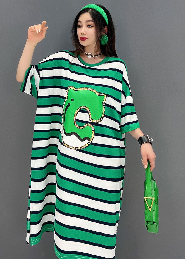 Green O-neck Striped Print Cotton Loose Dresses Short Sleeve