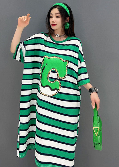 Green O-neck Striped Print Cotton Loose Dresses Short Sleeve