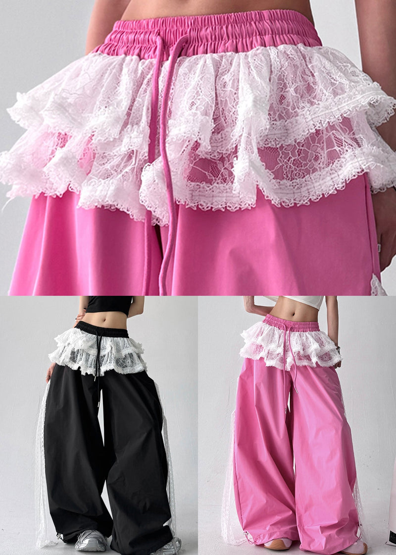 Pink Lace Patchwork Cotton Wide Leg Pants Fall