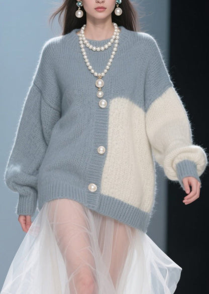 Handmade Grey O Neck Tulle Patchwork Knit Dress Fall