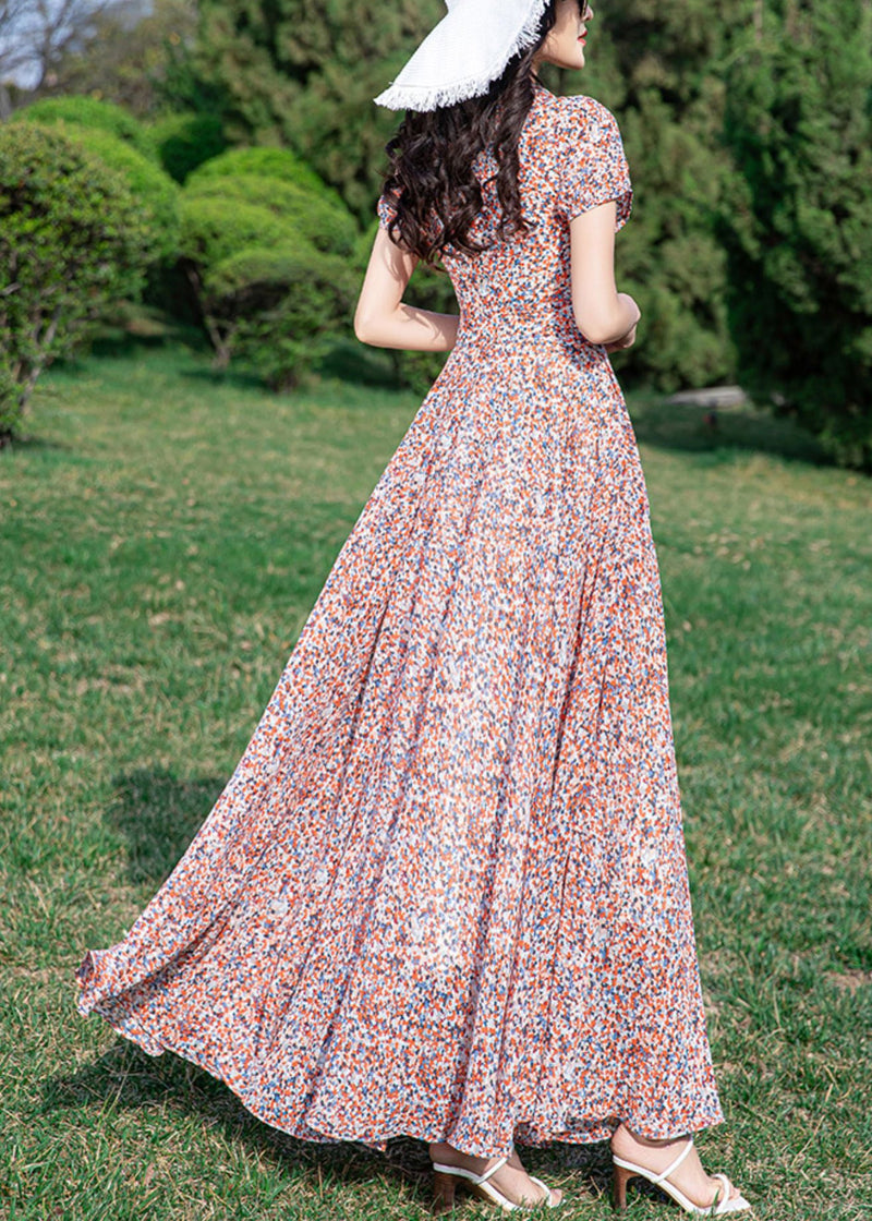 Loose Stand Collar Print Tunic Chiffon Long Dress Summer